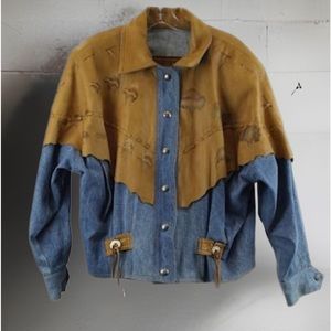 Vintage Patricia Wolf Western Jacket Tan Leather Denim Hand Painted